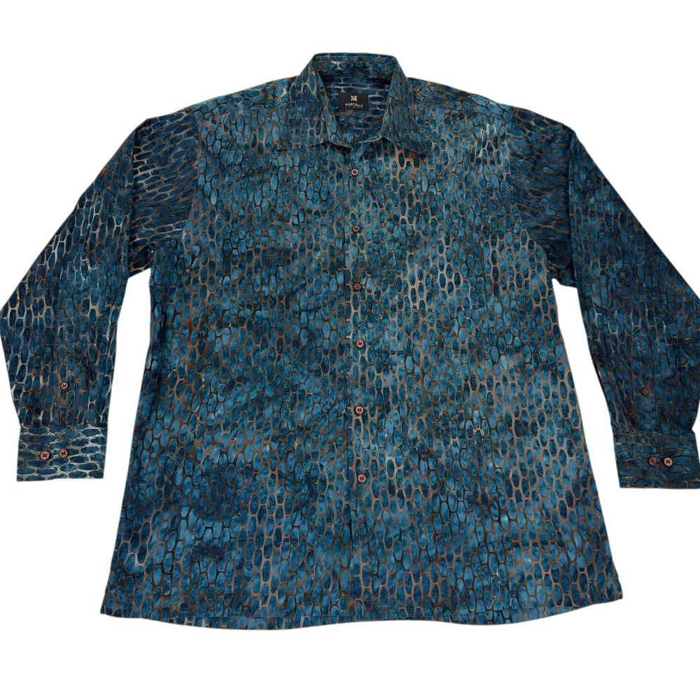 Marcello Sport Shirt Mens Medium Blue And Gold Geometric Button Up Shirt‎ Vtg